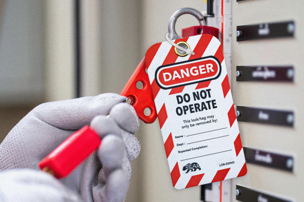 Lockout Tagout padlocks and danger tags securing an electrical panel