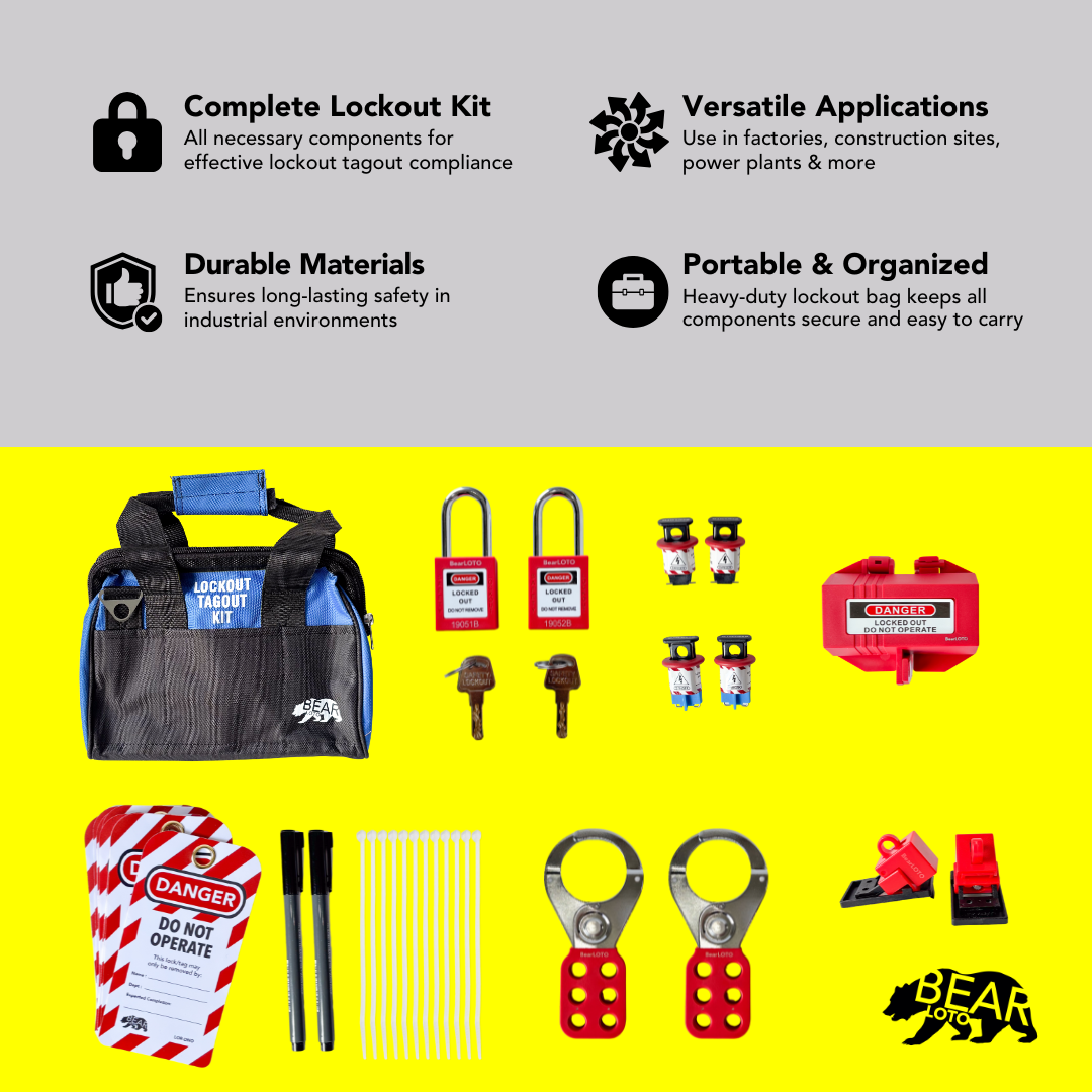 Complete Lockout Tagout (LOTO) Kit with Bag - LOTO-KIT-2 bear-bikes Lockout Tagout Solutions bear-bikes tool lanyards tool tethering workplace safety spill kits