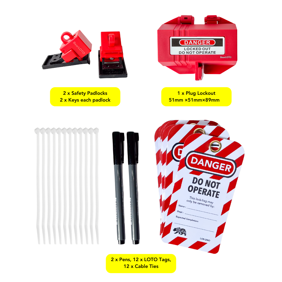 Complete Lockout Tagout (LOTO) Kit with Bag - LOTO-KIT-2 bear-bikes Lockout Tagout Solutions bear-bikes tool lanyards tool tethering workplace safety spill kits