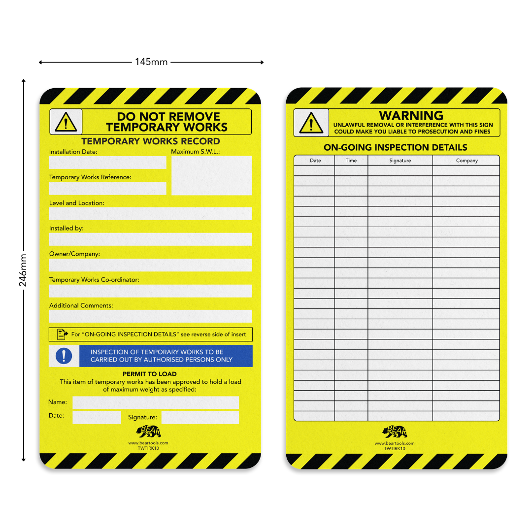 TWTIRK10 - BearTOOLS Temporary Works Inspection Tag Kit, 20 Inserts, Ties &amp; Pen