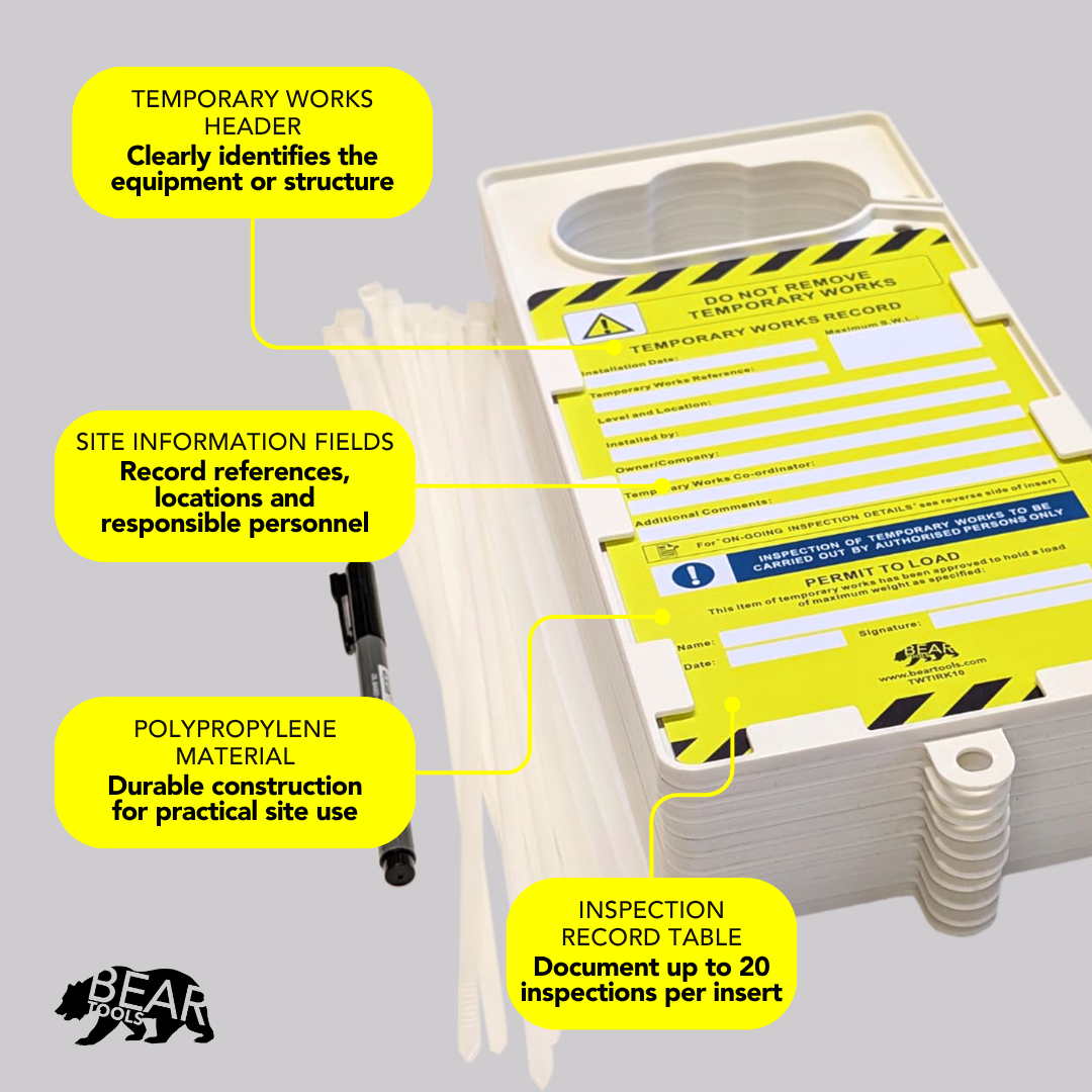 TWTIRK10 - BearTOOLS Temporary Works Inspection Tag Kit, 20 Inserts, Ties &amp; Pen