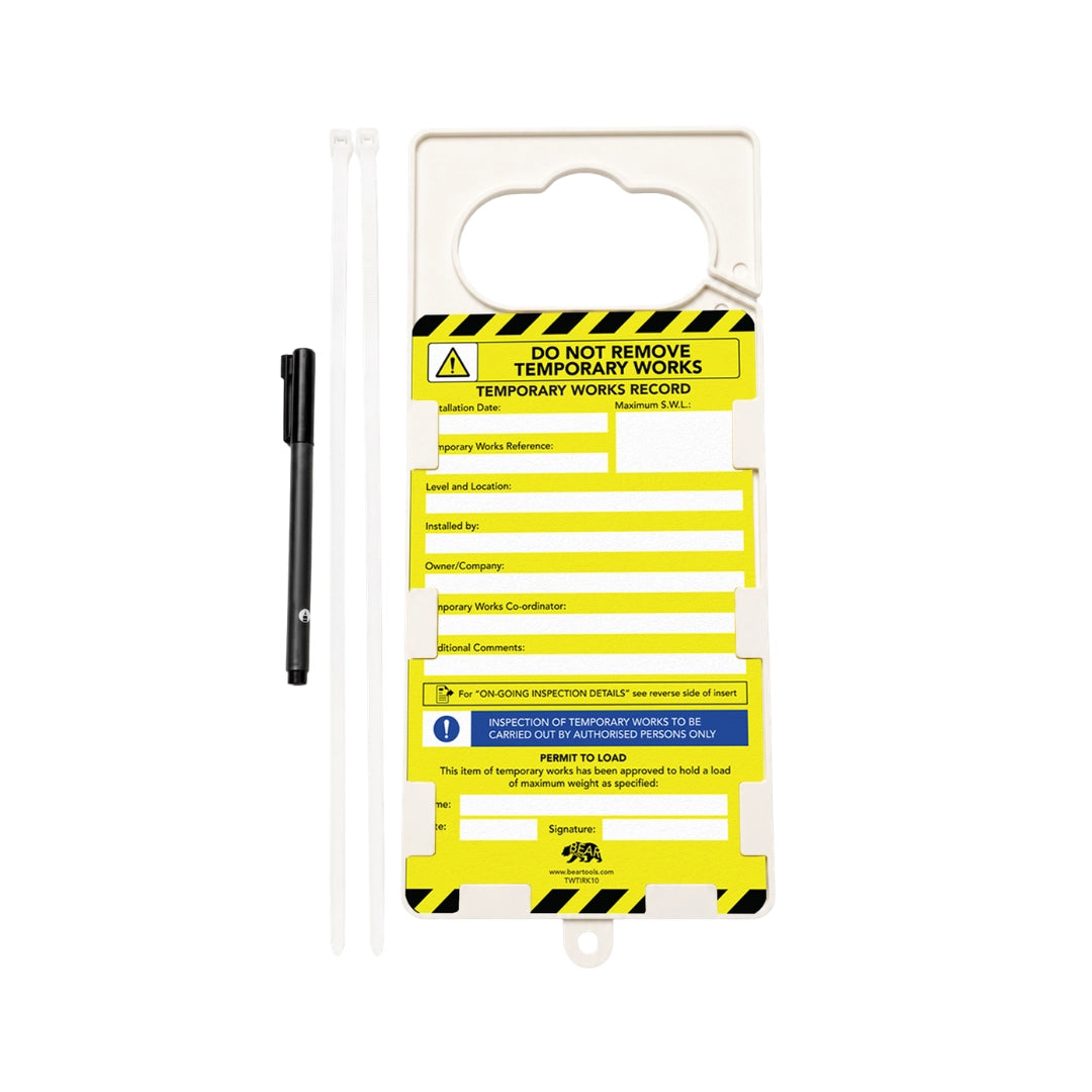 TWTIRK10 - BearTOOLS Temporary Works Inspection Tag Kit, 20 Inserts, Ties &amp; Pen